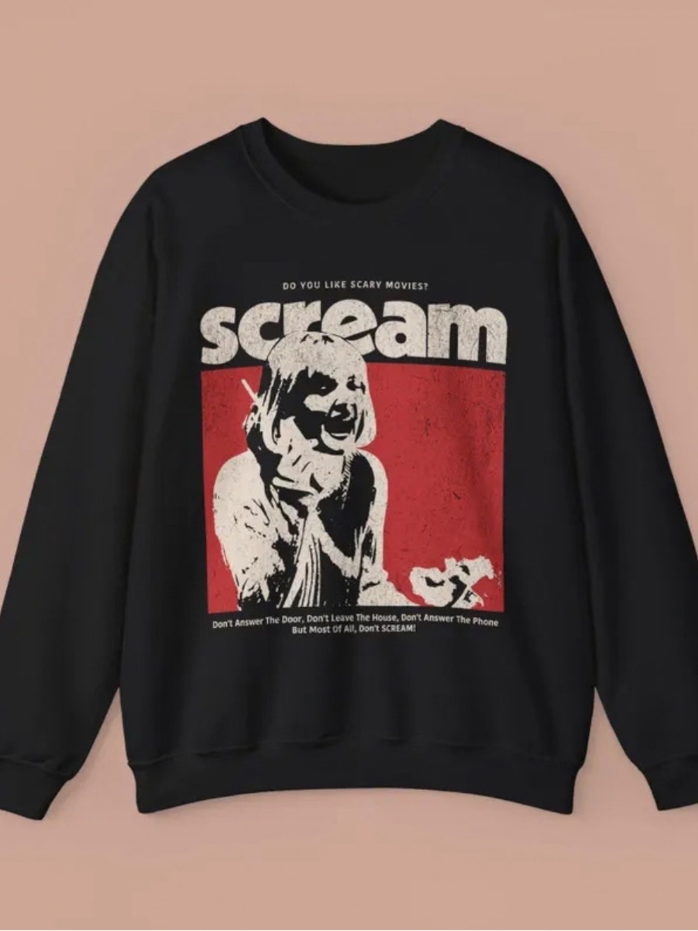 Gildan Black Cream Movie Crewneck Sweatshirt, Retro Horror Halloween Graphic